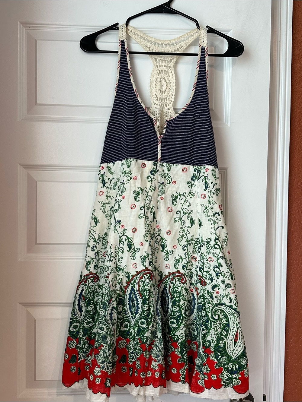 Free People Heartland Paisley Linen Cotton Dress Crochet Back size 6 - Picture 2 of 8